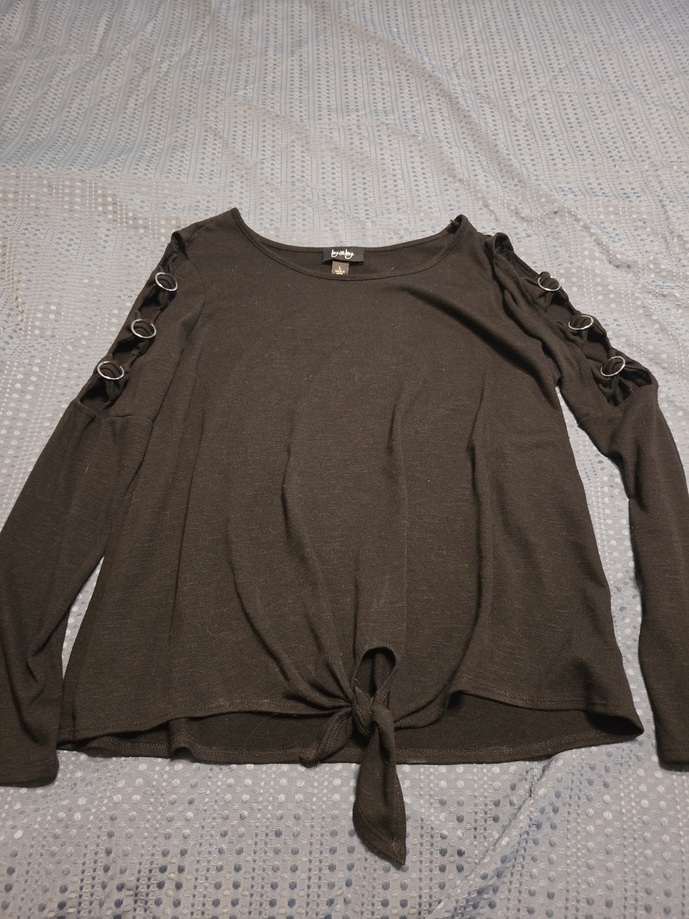 Bongo Women's Black Long Sleeve Tie Front Top with Ring Detail